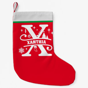 Calcetín Navideño Pequeño Letra X Navidades Monograma Nombre inicial Rojo Bl