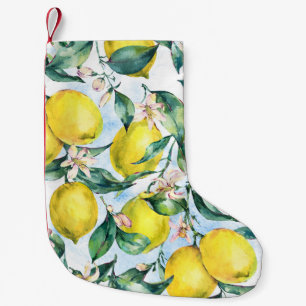 Calcetín Navideño Pequeño Limones acuarelas, rama de cítricos fresca.