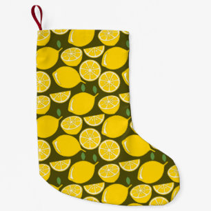 Calcetín Navideño Pequeño Limones Amarillos y Patrón Verde Oliva: Citrus Mod