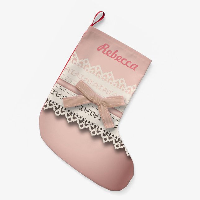 Calcetín Navideño Pequeño linda moda giratoria blanco encaje rosa polvorient (Frente (Colgado))
