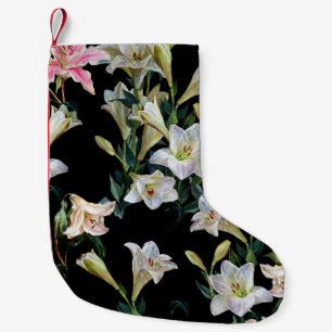Calcetín Navideño Pequeño Lirios florales: pintura de fondo negro