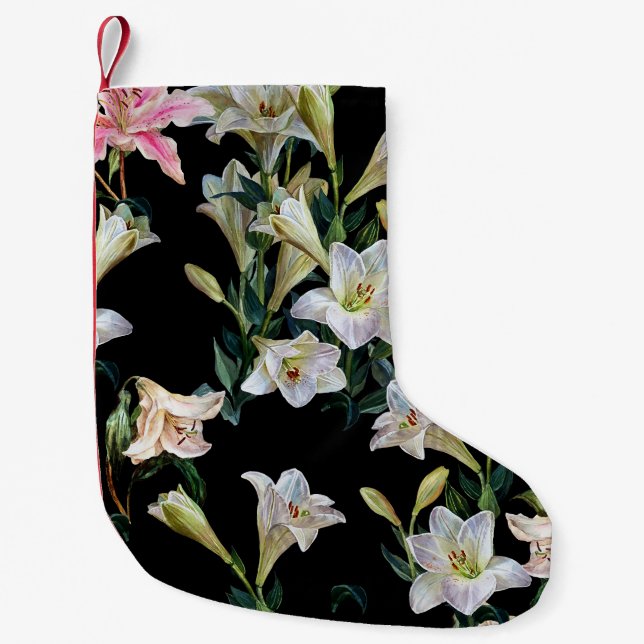 Calcetín Navideño Pequeño Lirios florales: pintura de fondo negro (Anverso)