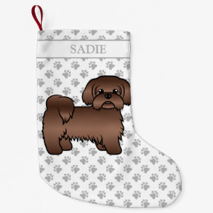 Calcetín Navideño Pequeño Liver Brown Shih Tzu Cute Cartog Perro y nombre