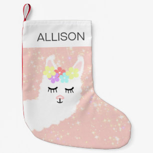 Calcetín Navideño Pequeño Llama corta rosa personalizada