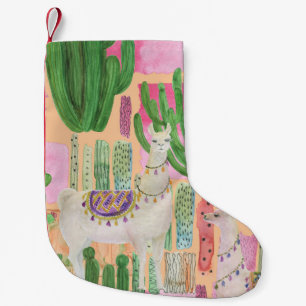 Calcetín Navideño Pequeño Llamas acuarelas, cactus: patrón sin costura.