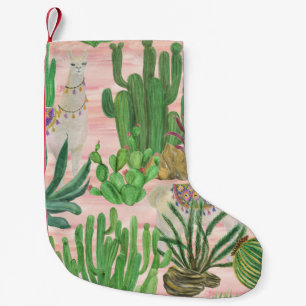 Calcetín Navideño Pequeño Llamas acuarelas y patrones de cactus.