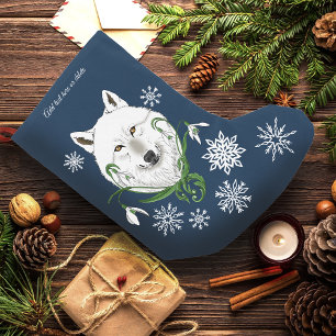 Calcetín Navideño Pequeño Lobo Ártico Blanco Místico Flor de Invierno Azul
