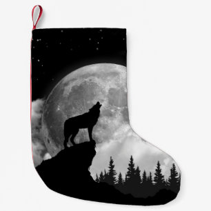Calcetín Navideño Pequeño Lobo blanco y negro aullando en la luna