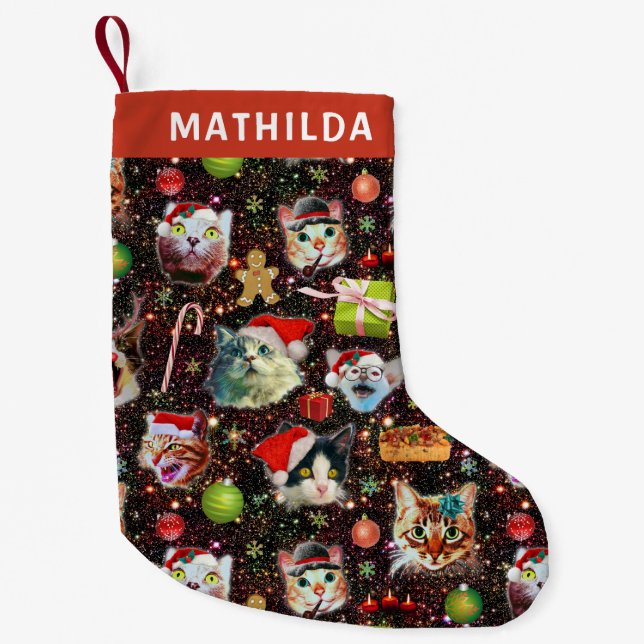 Calcetín Navideño Pequeño Los gatos del navidad en galaxia del espacio (Anverso)