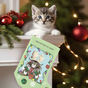 Calcetín Navideño Pequeño Los navidades le dan gracia al gato verde