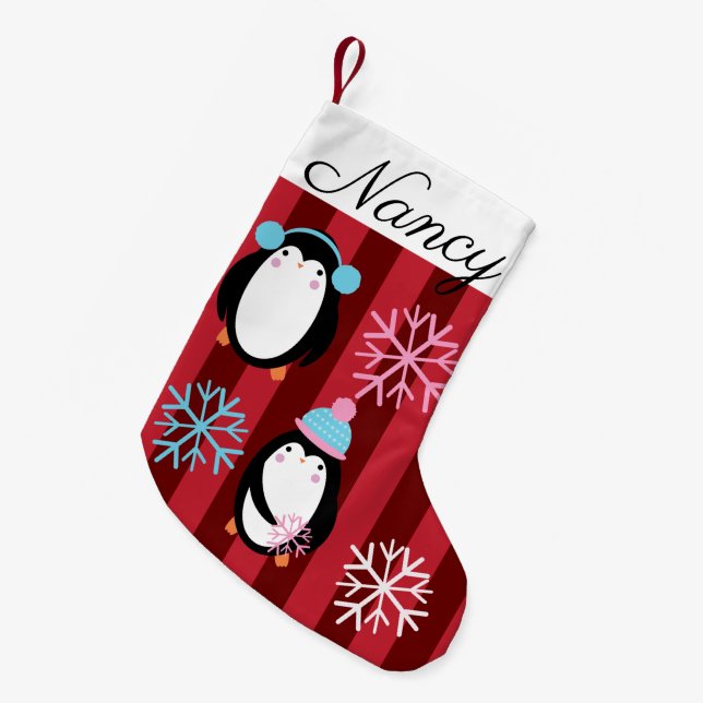 Calcetín Navideño Pequeño Los pingüinos y copos de nieve de los Navidades mo (Frente (Colgado))