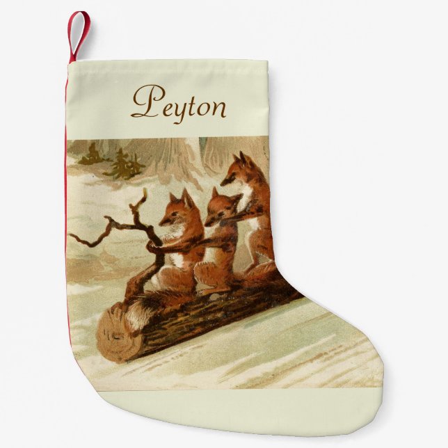 Calcetín Navideño Pequeño Los zorros Sledding personalizaron el (Anverso)