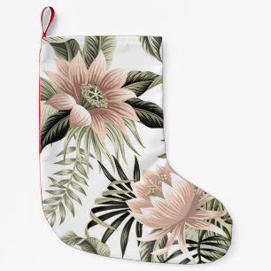 Calcetín Navideño Pequeño Loto rosa vintage tropical, hojas de palma, plátan