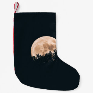 CALCETÍN NAVIDEÑO PEQUEÑO LUNA COMPLETA DETRÁS DE UN ÁRBOL SILHOUETTES