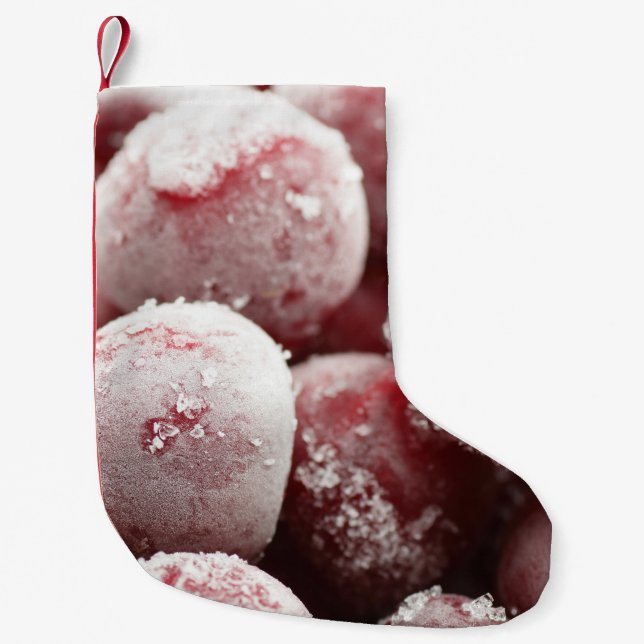 Calcetín Navideño Pequeño Macrocerezas congeladas, textura de cierre. (Anverso)