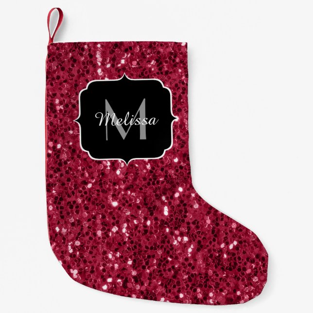 Calcetín Navideño Pequeño Magenta rojo oscuro aguijón negro espuma Monograma (Anverso)