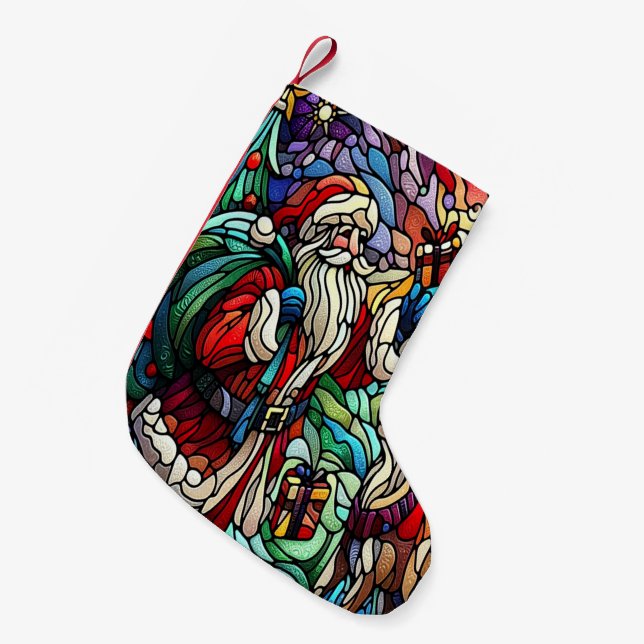 Calcetín Navideño Pequeño Magníficos Santa de vidrio y renos (Frente (Colgado))