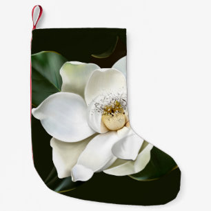 Calcetín Navideño Pequeño Magnolia blanca cierra fondo verde