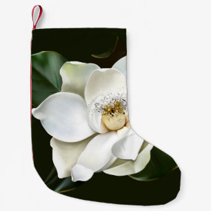 Calcetín Navideño Pequeño Magnolia blanca cierra fondo verde