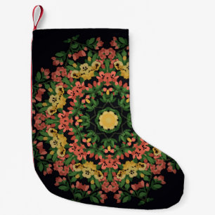 Calcetín Navideño Pequeño Mandala floral: rojo, amarilla.