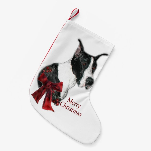 Calcetín Navideño Pequeño Mantle Great Dane Merry Christmas (Frente (Colgado))