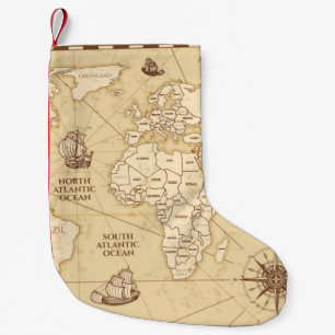 Calcetín Navideño Pequeño Mapa antiguo vintage del mundo con países fronteri