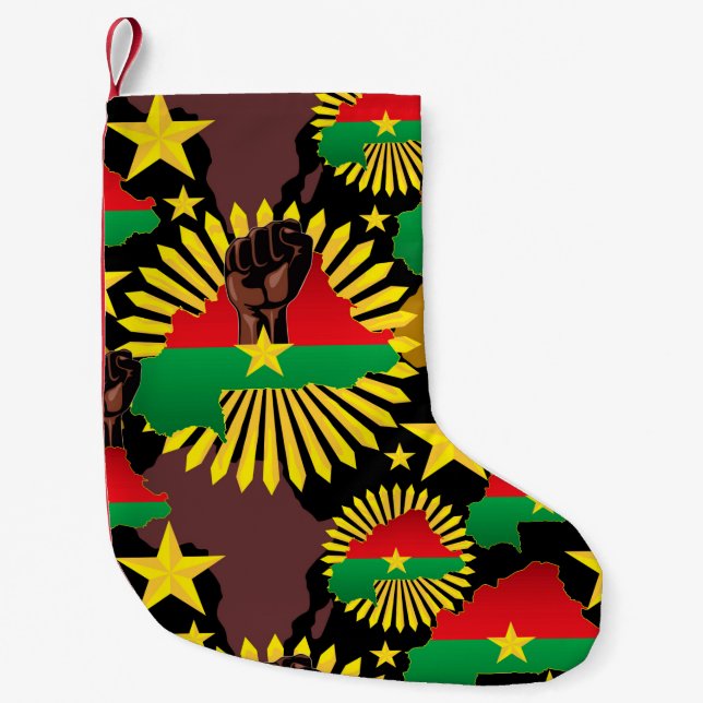 Calcetín Navideño Pequeño Mapa de Burkina, bandera y puño de la revolución (Anverso)