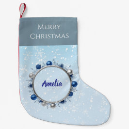 Calcetín Navideño Pequeño Marco elegante plateado sobre azul claro