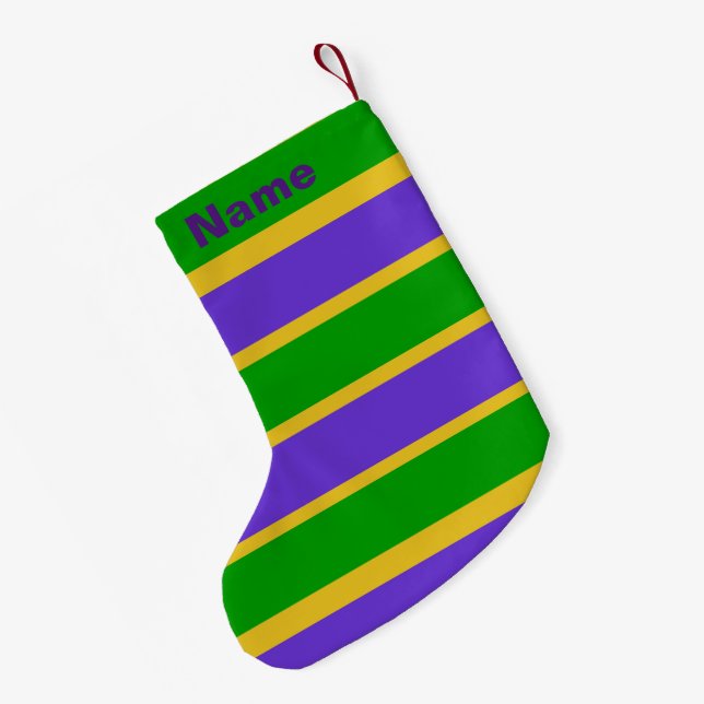Calcetín Navideño Pequeño Mardi Gras Stripes (Anverso (colgado))