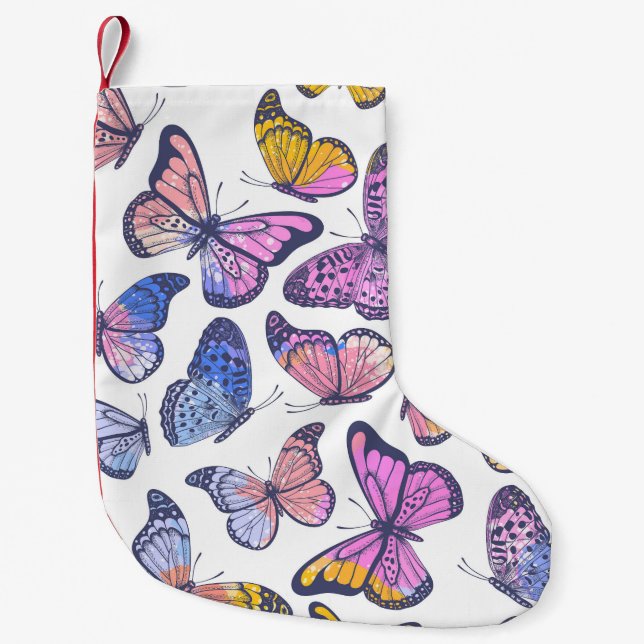 Calcetín Navideño Pequeño Mariposas acuarelas: Patrón de cosecha Pastel. (Anverso)