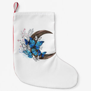 Calcetín Navideño Pequeño Mariposas azules sobre la media luna de madera