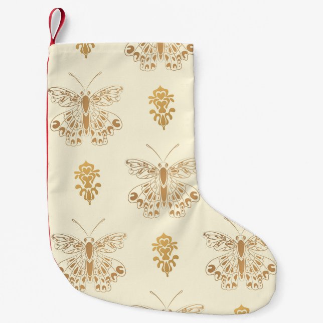 Calcetín Navideño Pequeño Mariposas doradas, fondo blanco inmaculado (Anverso)