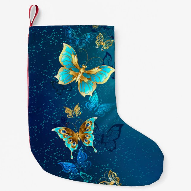Calcetín Navideño Pequeño Mariposas doradas sobre fondo azul (Anverso)