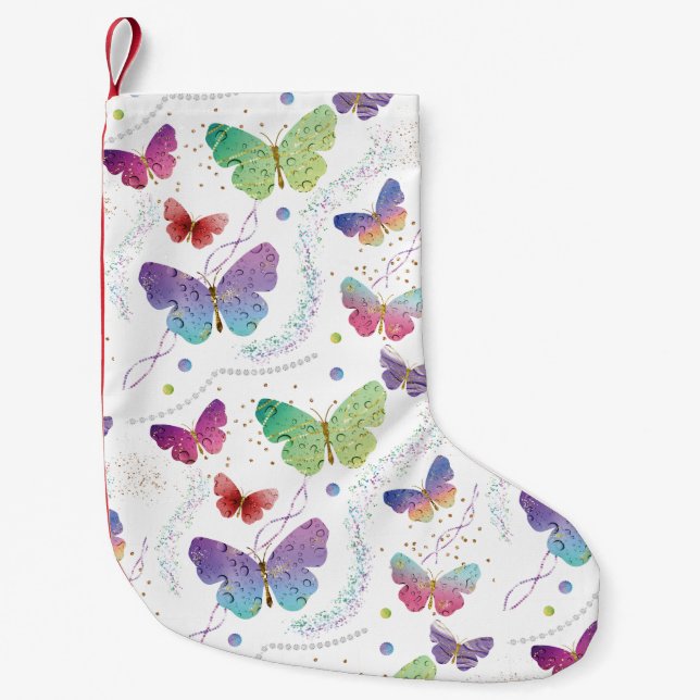 Calcetín Navideño Pequeño Mariposas elegantes violeta y azul brillante (Anverso)