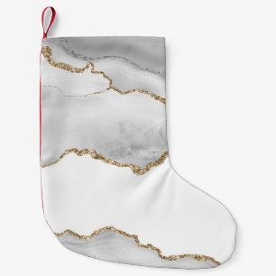 Calcetín Navideño Pequeño Mármol Blanco Gris Ágata Brillante Dorado Refinado