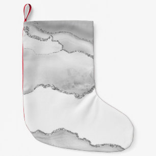Calcetín Navideño Pequeño Mármol Blanco Gris Ágata Simple Plata Brillante