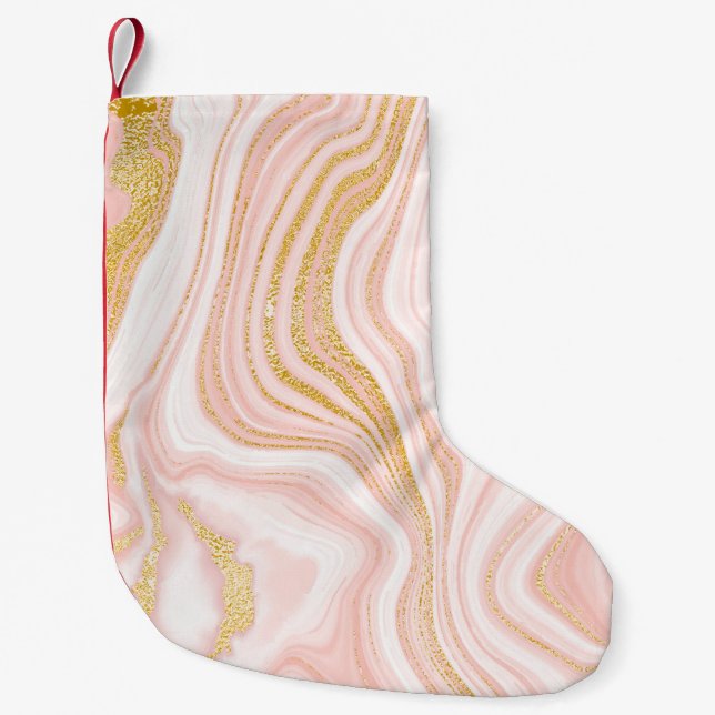 Calcetín Navideño Pequeño Mármol rosa y textura dorada (Anverso)