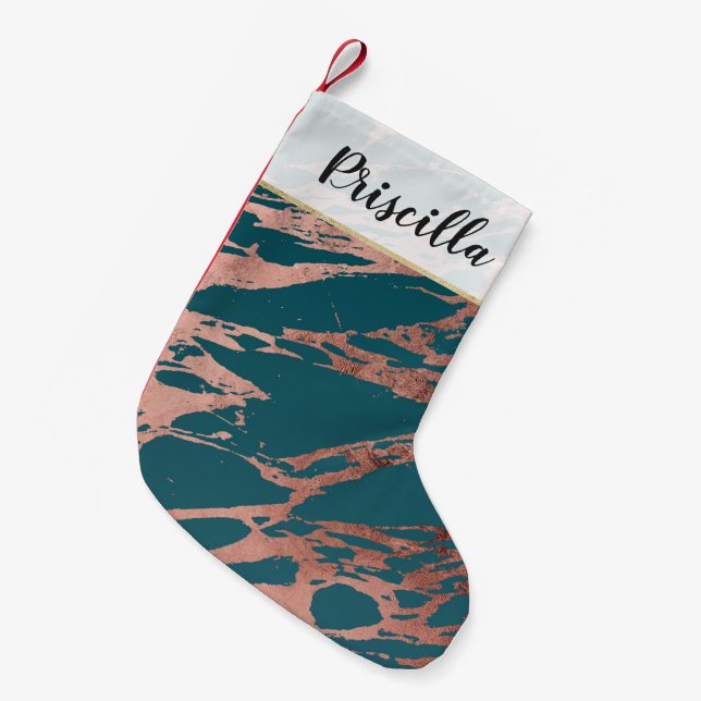 Calcetín Navideño Pequeño Mármol Verde azulado de pavo real Rosa (Frente (Colgado))