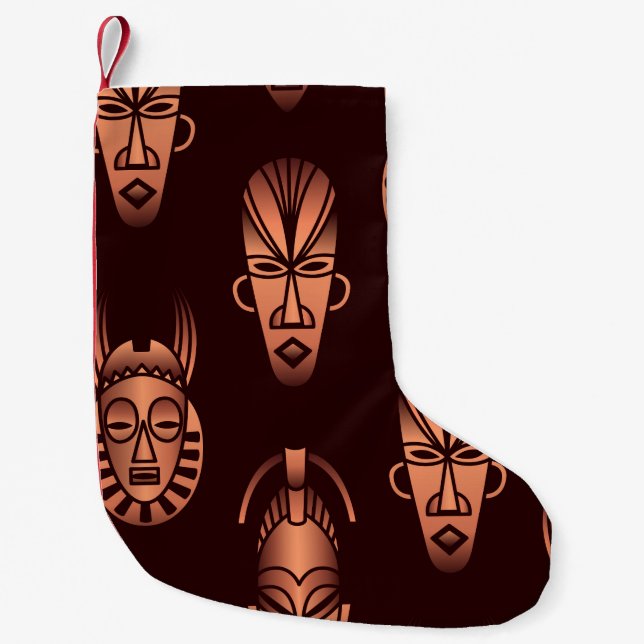Calcetín Navideño Pequeño Mascarillas étnicas africanas, fondo oscuro (Anverso)