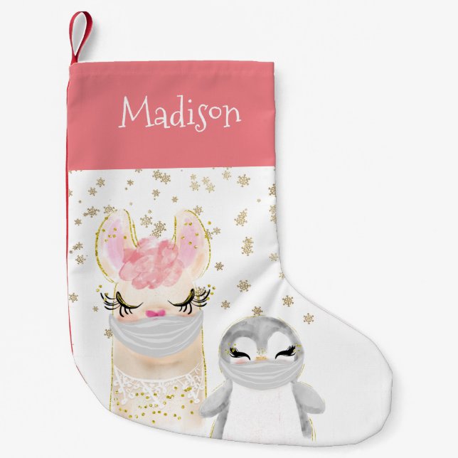 Calcetín Navideño Pequeño Mascarillas personalizadas de pingüino Llama (Anverso)