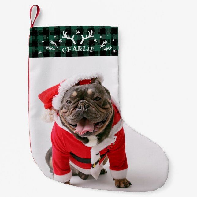Calcetín Navideño Pequeño Mascota de foto de Personalizado de Green Plaid ru (Anverso)