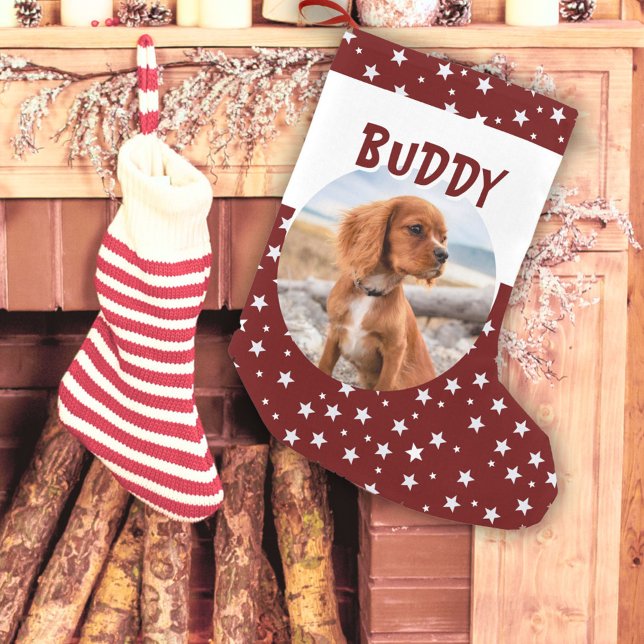 Calcetín Navideño Pequeño Mascota de perro lindo foto patrón Estrella roja (Subido por el creador)