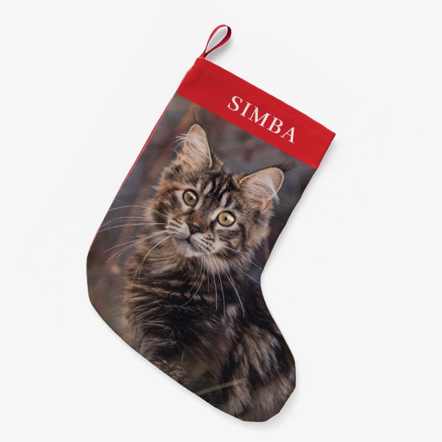 Calcetín Navideño Pequeño Mascota personalizado de foto de gato personalizad (Frente (Colgado))