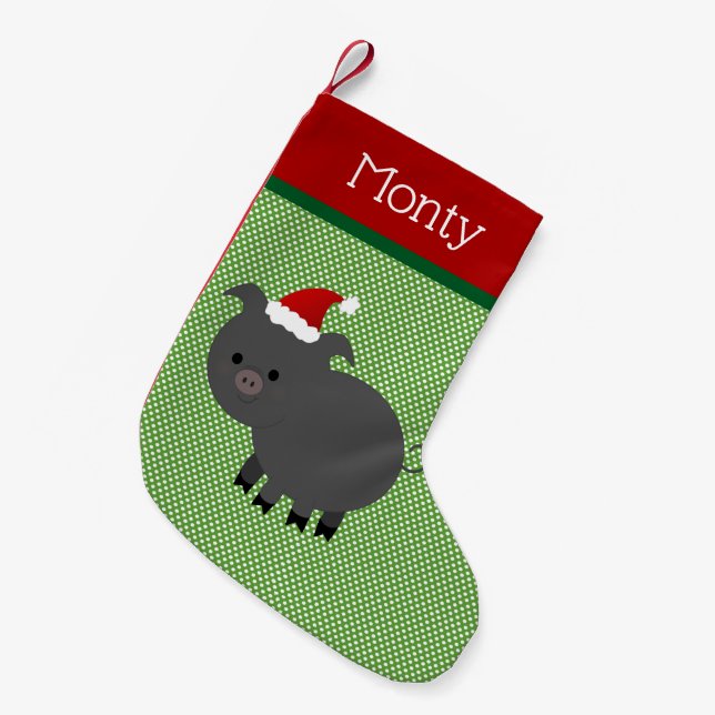 Calcetín Navideño Pequeño Mascota Santa Black Pig Stocking (Frente (Colgado))