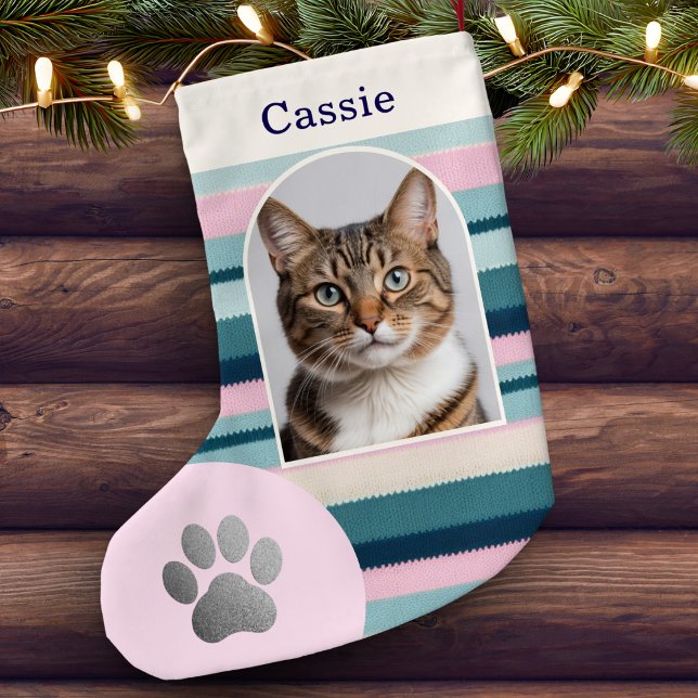 Calcetín Navideño Pequeño Mascota Verde azulado Pastel rosa - Papel para gat (A pink and teal striped Christmas stocking, personalized with pet cat's photo and name)