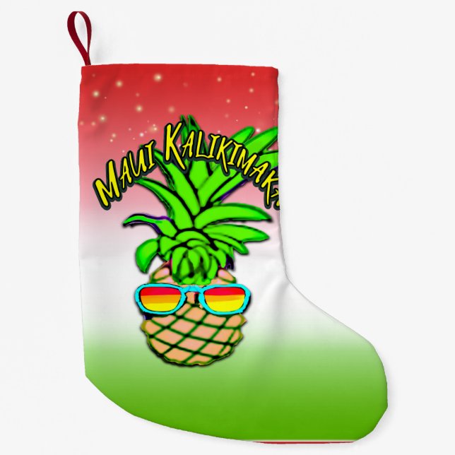 Calcetín Navideño Pequeño Maui Kalikimaka Pun Navidades hawaianos piña (Anverso)