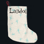 Calcetín Navideño Pequeño Media de Navidad de Starbursts de la turquesa de<br><div class="desc">El navidad de este del personalizable de la era espacial Starbursts de la turquesa que almacena starbursts azules de las características del modelo en un fondo cremoso con el oro coloreado motea. Inspirado por un modelo moderno del plato de los mediados de siglo clásicos, este diseño tiene un instinto auténtico...</div>