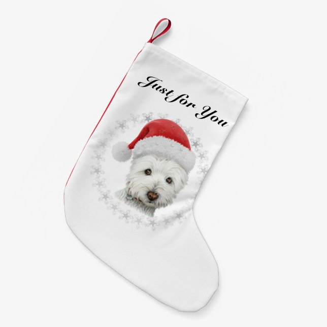 Calcetín Navideño Pequeño Media del arte del perro de Westie del navidad (Frente (Colgado))