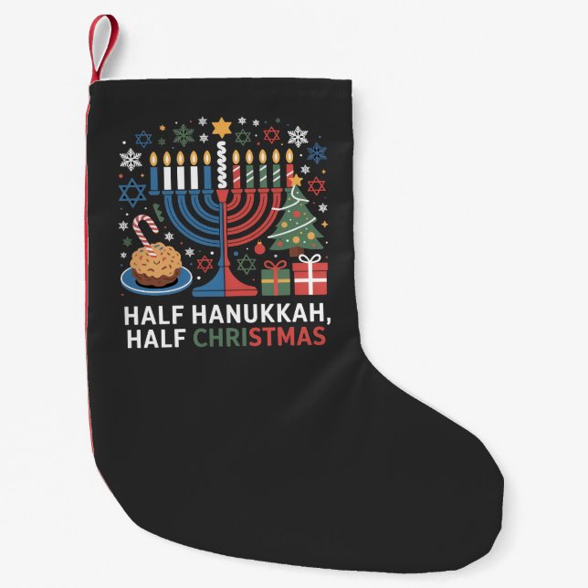 Calcetín Navideño Pequeño Medio Navidad Mitad Hanukkah Christmukkah Funny (Anverso)