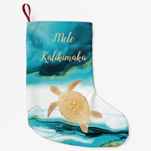 Calcetín Navideño Pequeño Mele Kalikimaka, tríbal de oro, mármol Verde azu